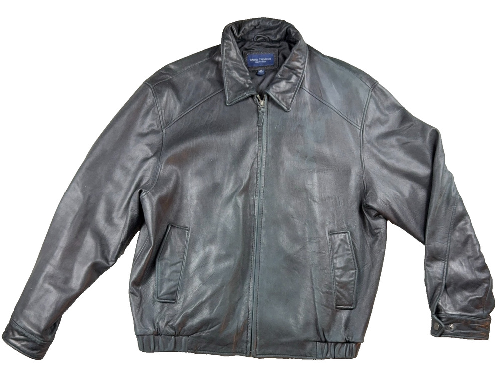 Worn-In Black Lambskin Leather Bomber Jacket Daniel Cremieux XL